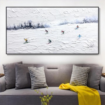 Skieur sur Montagne enneigée art mural Sport Noir Décor de salle de ski de neige par Couteau 19 Peinture à l'huile